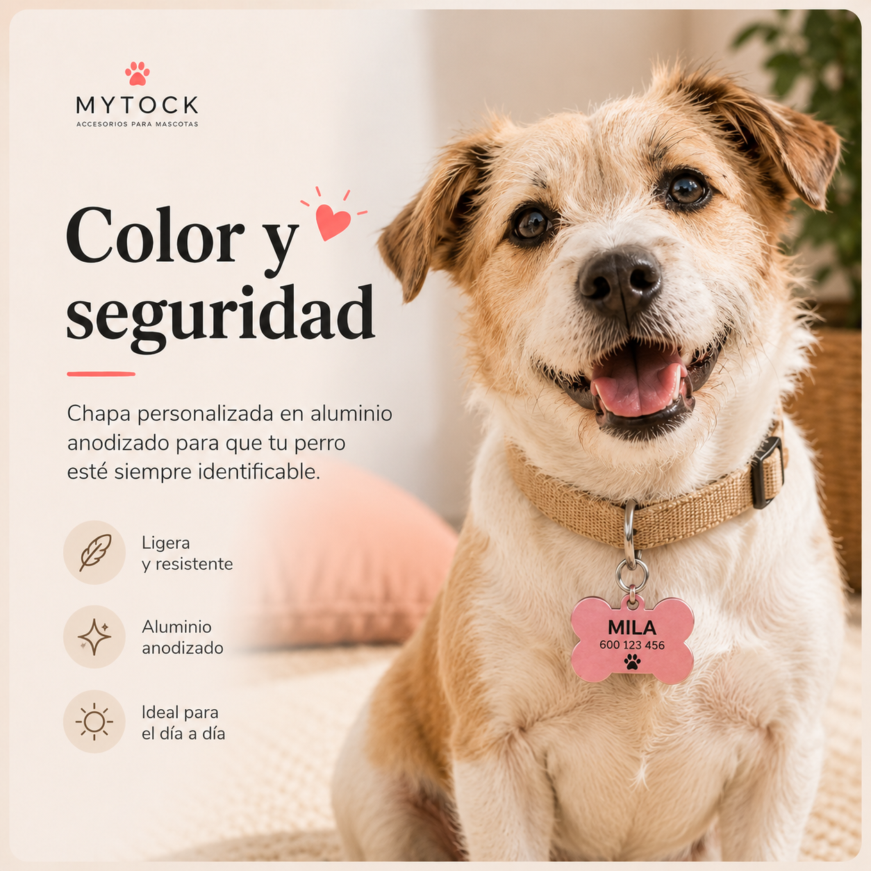 Perro con chapa rosa de aluminio anodizado en forma de hueso